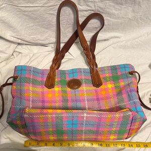 Dooney & Bourke Pink, Teal & Yellow Plaid Tote with Brown Leather Handles
